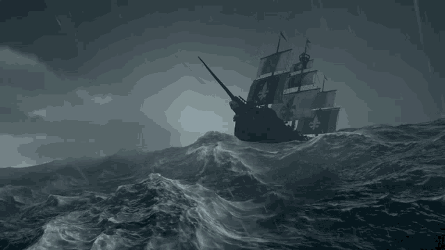 a pirate ship is in the middle of the ocean