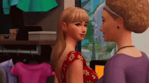 two cartoon women are standing next to each other in a closet .