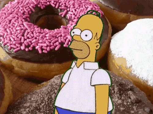 homer simpson standing in front of a pile of donuts with pink sprinkles