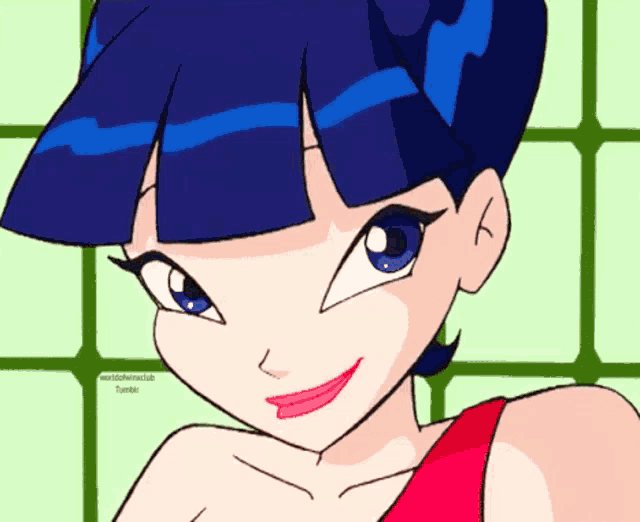 a drawing of a girl with blue hair and a red shirt with the word tumblr visible in the corner