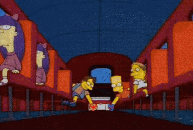 bart simpson and ned flanders are on a bus with the words " go mystic " above them