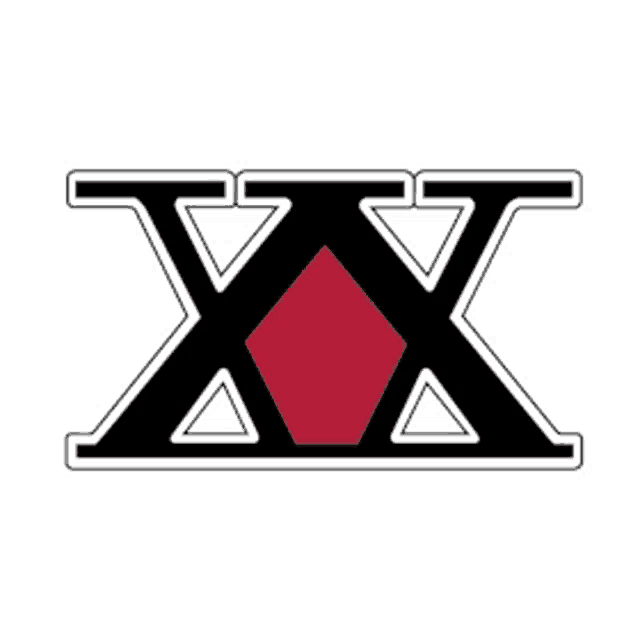 a black letter x with a red diamond in the center
