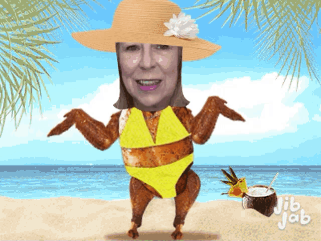 an animated image of a woman dressed as a chicken with jib jab written on the bottom