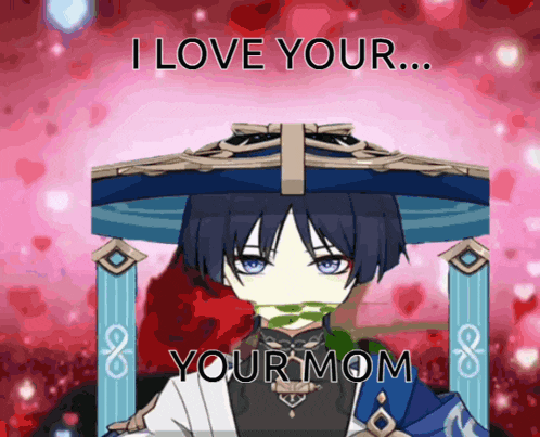 a picture of a boy with a hat that says " i love your ... your mom "