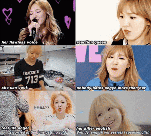 a collage of images of a woman with the words her flawless voice and reaction queen