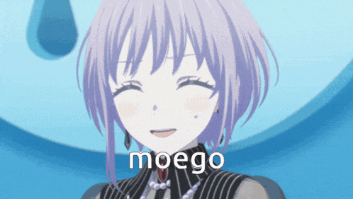 a girl with short purple hair is smiling and the word moego is written below her