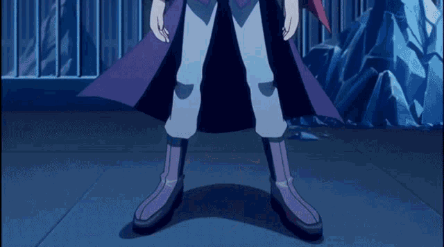 a person wearing purple boots and a black coat