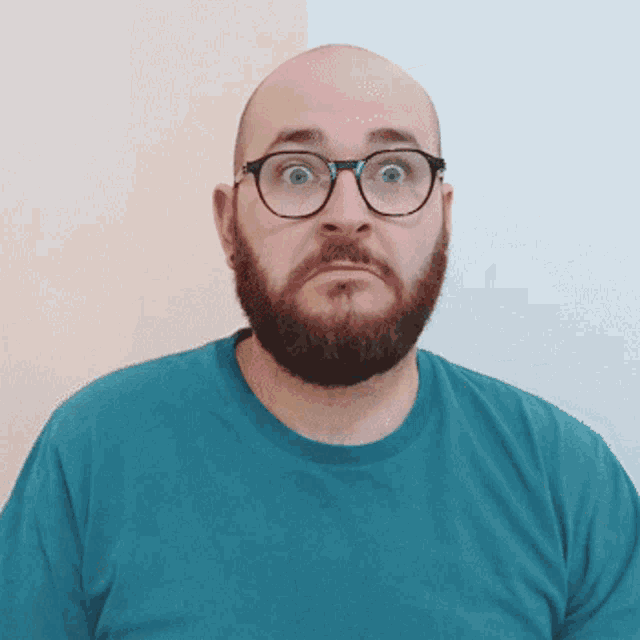 a man with glasses and a beard is making a funny face