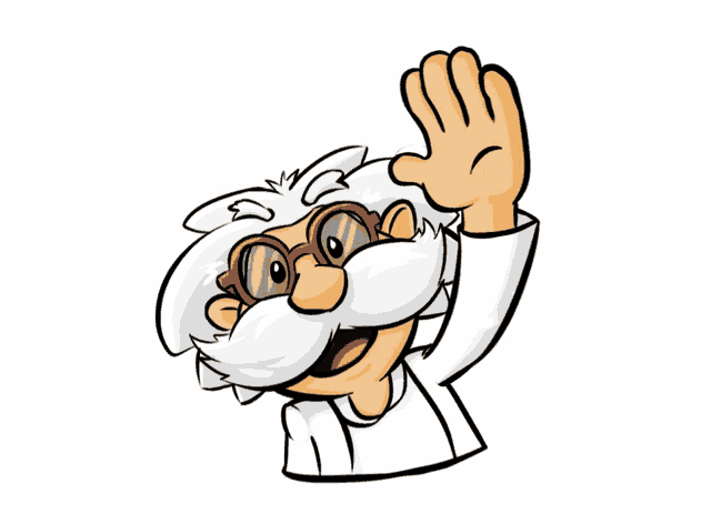 a cartoon character with glasses and a mustache waving his hand