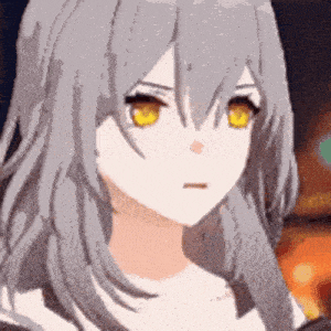 a close up of a cartoon girl with long grey hair and yellow eyes .