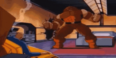 a cartoon character is standing in a room next to a man in a yellow car .