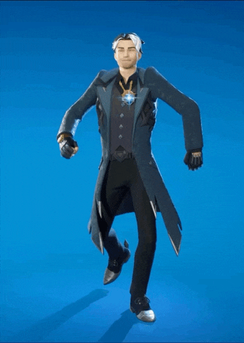 a man in a suit and gloves is dancing on a blue background