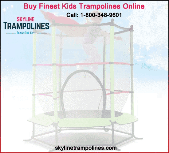 an advertisement for skyline trampolines with a pink trampoline in front of it