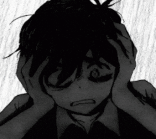 a black and white drawing of a boy holding his head .