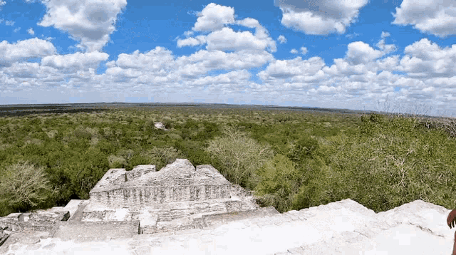 a pyramid in the middle of a forest with a blue sky and clouds in the background