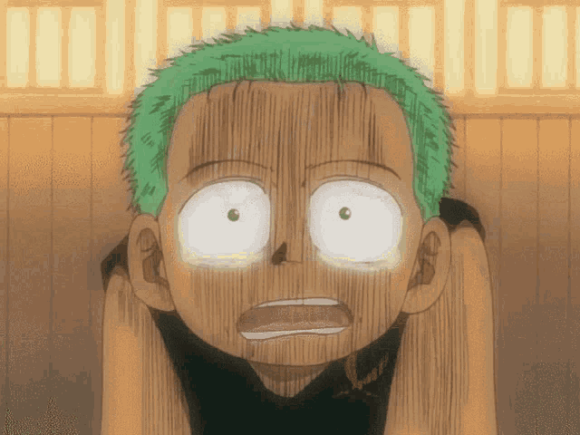 a close up of a cartoon character with green hair