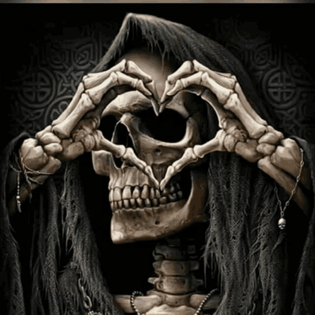 a grim reaper is making a heart with his hands