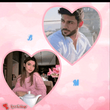 a picture of a man and a woman in heart shaped frames with the letters b and m above them