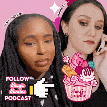 a woman talking on a cell phone next to a picture of a cupcake that says shoujo sundae