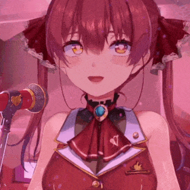a red haired anime girl singing into a red microphone