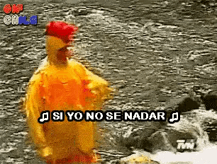 a chicken in a yellow raincoat is standing in the water with the words si yo no se nadar