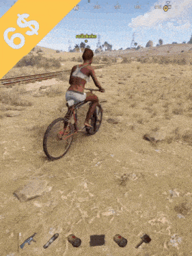 a woman riding a bike in a video game with a 6 dollar sign