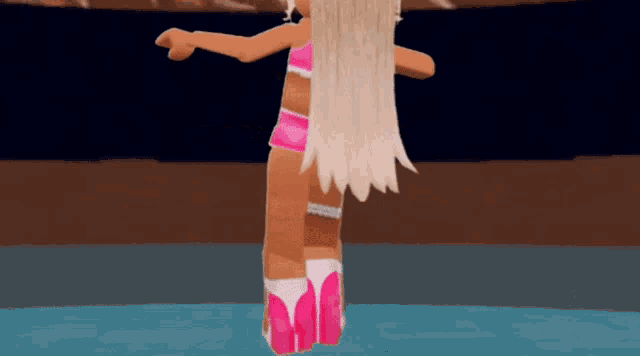 a girl in a pink top and pink boots is standing on a blue floor