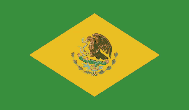 a yellow and green diamond shaped flag with a mexican eagle on it