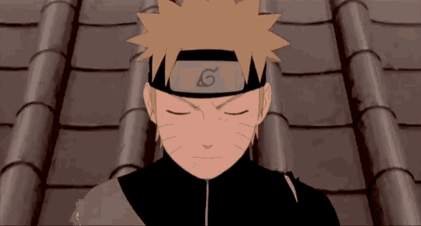 naruto is wearing a headband with the letter g on it and is standing on a roof .