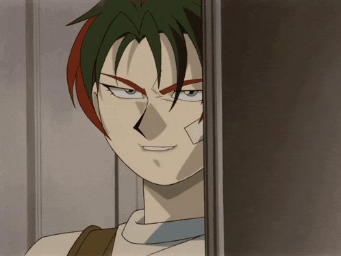 a cartoon character with green hair and red eyes