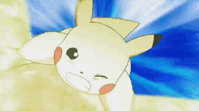 a cartoon pikachu is laying down with a blue background