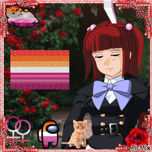 a picture of a girl with a kitten and among us