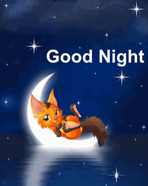 a picture of a fox sleeping on a crescent moon with the words good night above it