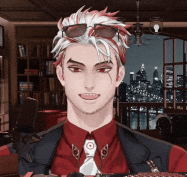 a man with red and white hair wearing sunglasses and a red tie