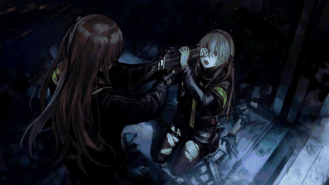 a man is holding a gun in a dark room