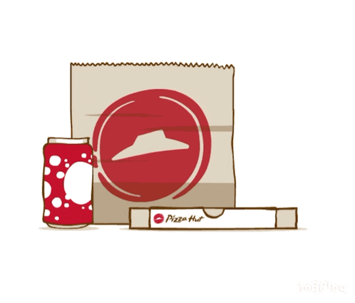 a pizza hut box sits next to a paper bag and a can of soda
