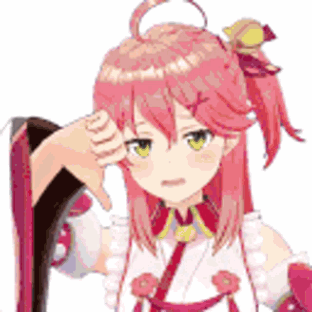 a girl with pink hair and green eyes is giving a thumbs down .