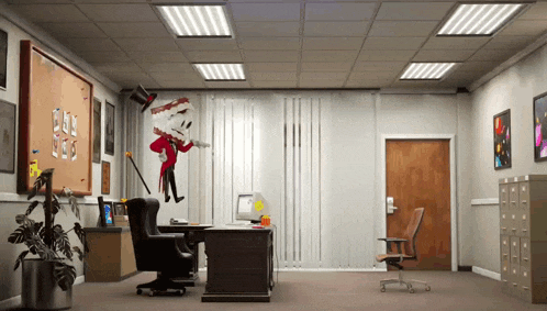 a man in a top hat stands in an office