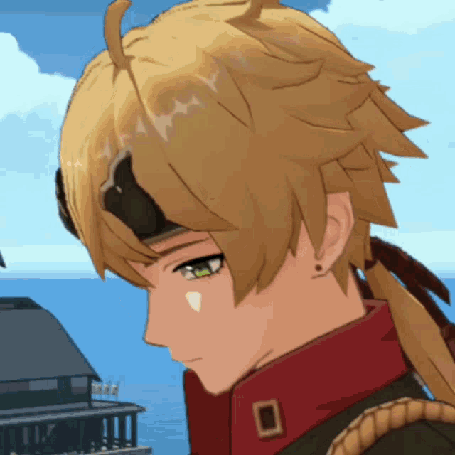a close up of a person 's face in a video game with a house in the background