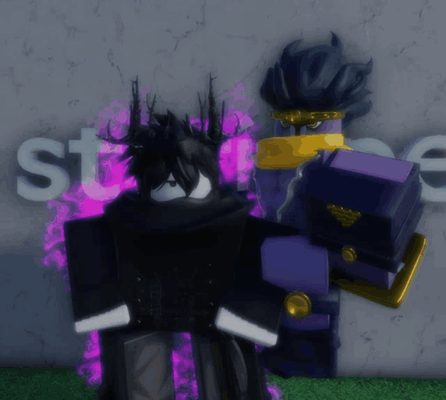 a cartoon character is standing next to another cartoon character in front of a wall with the word store on it