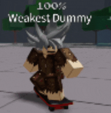 a cartoon character is riding a skateboard with the words weakest dummy above him .