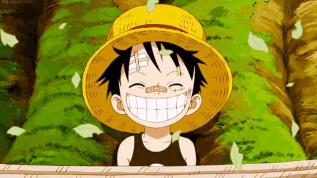 a cartoon character with a bandage on his head is smiling with leaves falling around him
