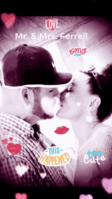 a man and woman kissing with the words love mr. & mrs. ferrell on the top