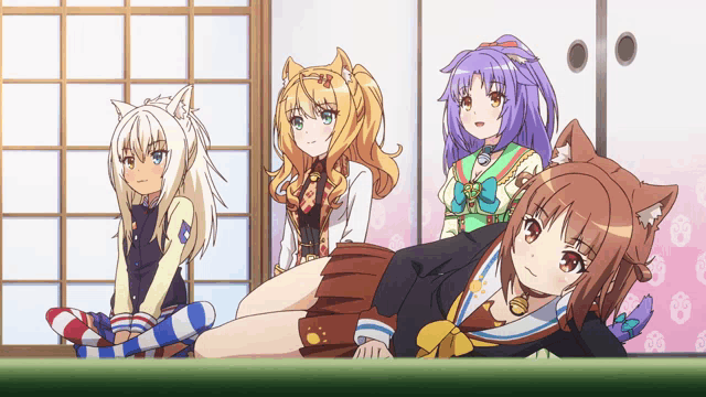 a group of anime girls with cat ears are sitting on the floor