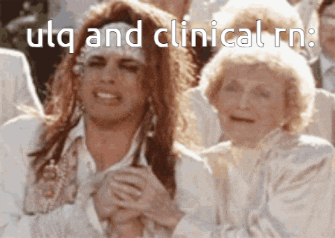 two women are sitting next to each other with the words utq and clinical rn