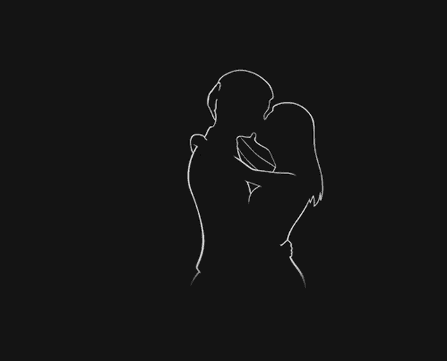 a drawing of a man and a woman hugging on a black background