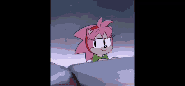amy rose from sonic the hedgehog is sitting on a rock in the snow and smiling .