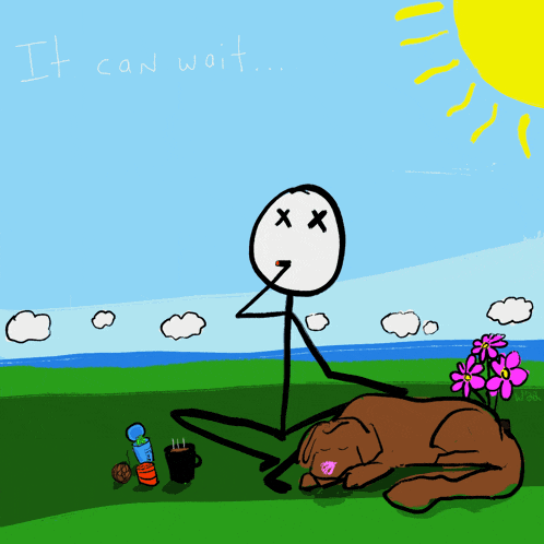 a drawing of a stick figure smoking a cigarette with the words " it can wait " written on the bottom