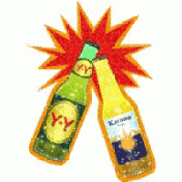 two bottles of y.y. beer and corona beer are toasting with a star in the background