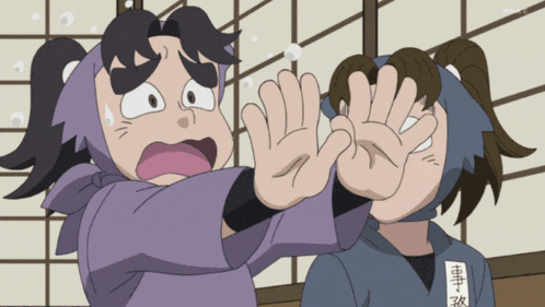 a cartoon character with chinese writing on his shirt is making a stop sign